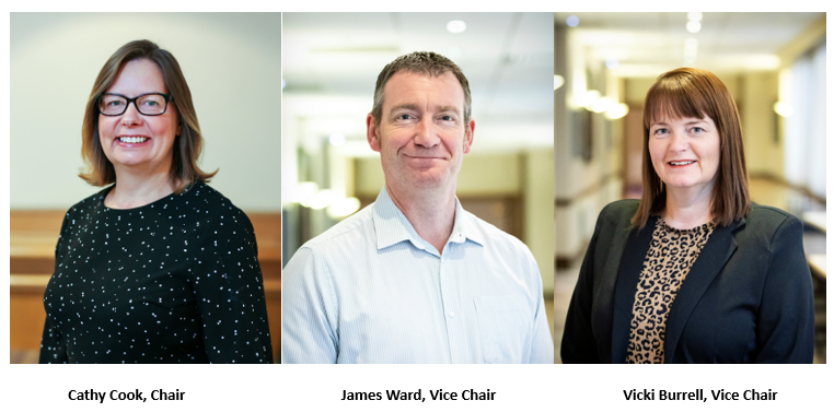 trio of head and shoulder photos - left to right: Cathy Cook, James Ward and Vicki Burrell